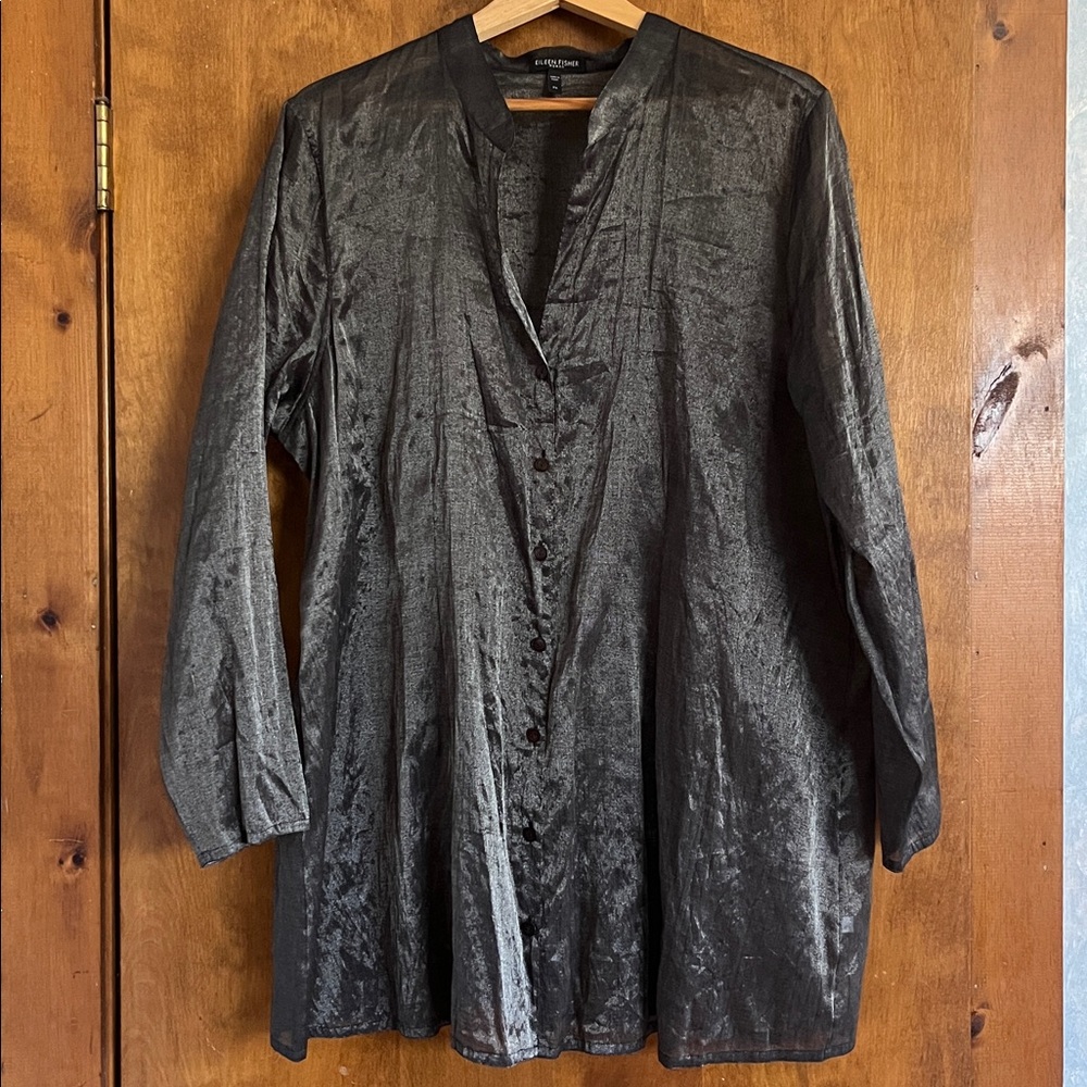 Eileen Fisher Black Metallic Semi-Sheer Button-Down Tunic Top